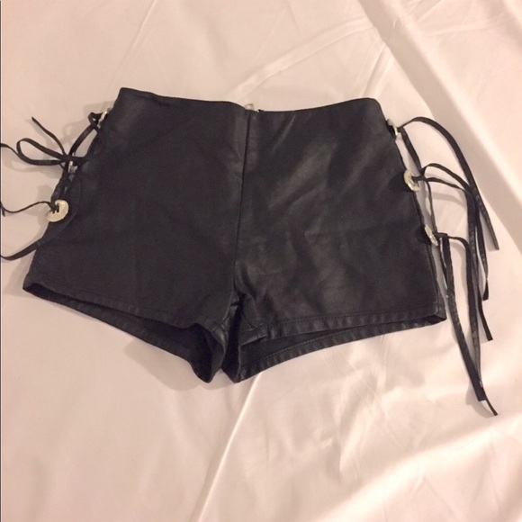 Forever 21 Pants - Black Faux Leather High Waist Shorts with Concho & Fringe Detail XS NWOT